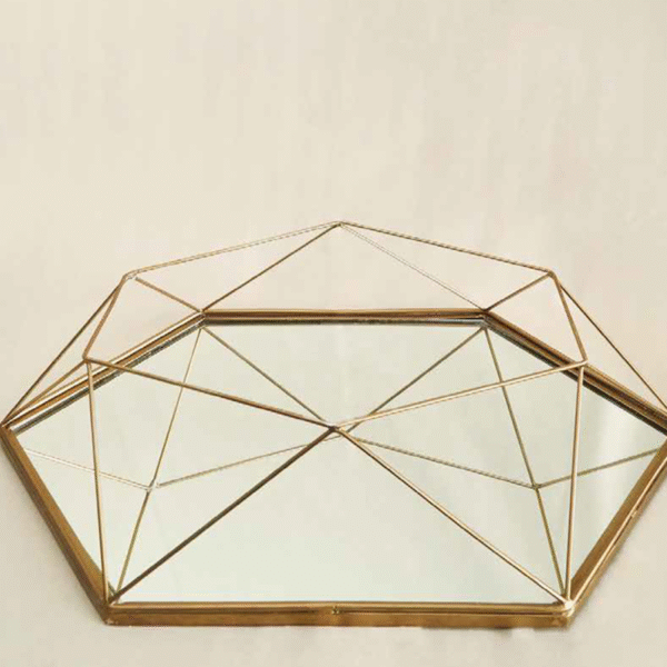 BANDEJA DE ESPEJO HEXAGONAL BORDES DORADOS